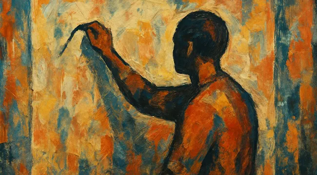 Silhouette of a person painting on a textured orange and blue wall illustrating guess the saying from an AI image.