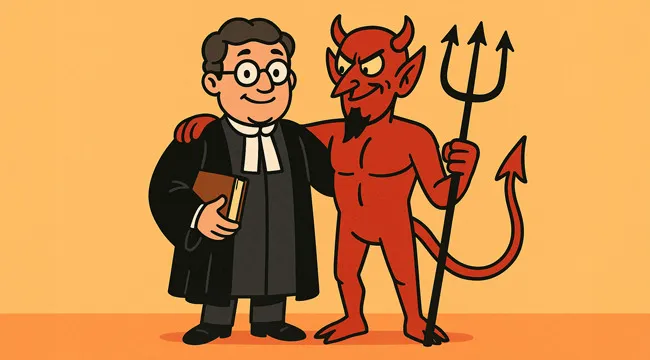 Clergyman standing next to a red devil holding a pitchfork, depicting guessing the saying from an AI image concept.