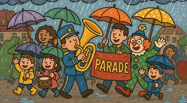 Children and adults with umbrellas in a rainy parade scene, illustrating guessing the saying from an AI image.