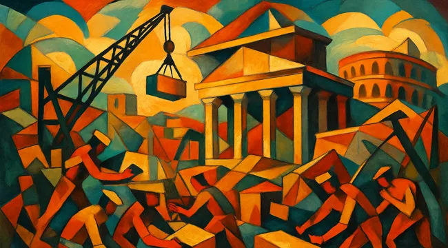 Abstract painting of workers building a structure, illustrating the concept of a saying and AI image guessing.