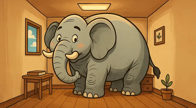 Cartoon elephant standing in a small room illustrating a guess the saying from an AI image puzzle.