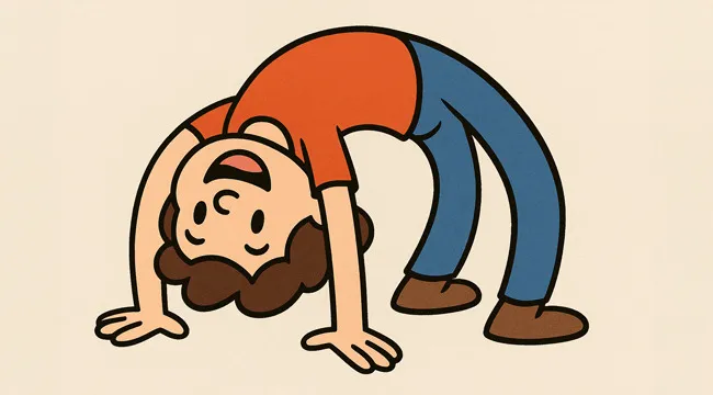 Cartoon person bending backward in an unusual pose, illustrating a visual puzzle for guessing the saying from an AI image.
