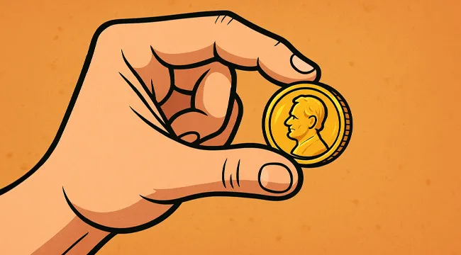 Hand holding a coin between fingers, illustrating a literal interpretation for guessing the saying from an AI image.