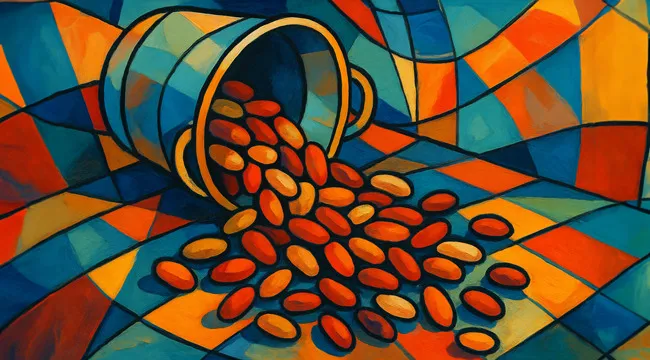Abstract painted image of beans spilling from a tipped-over pot on a colorful mosaic surface for guessing the saying.
