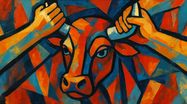 Abstract colorful painting of a bull being held by two hands illustrating guess the saying from an AI image concept.