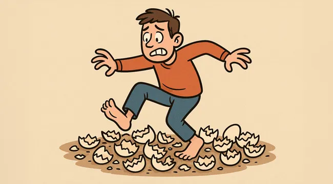 Man cautiously stepping on broken eggshells illustrating guess the saying from an AI image challenge.