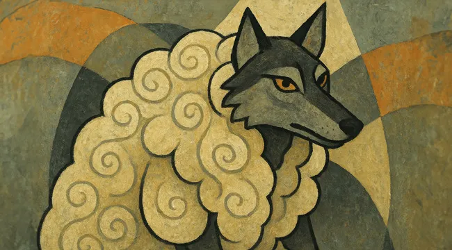 Wolf wearing sheep's clothing representing a literal interpretation for guessing the saying from an AI image.