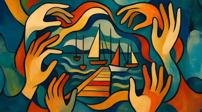 Abstract painting with multiple hands surrounding a dock and sailboats, illustrating a saying in an AI image guessing game.