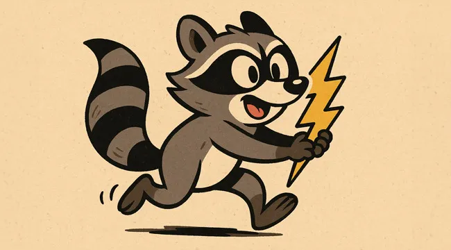 Cartoon raccoon running excitedly while holding a yellow lightning bolt in a playful AI image guess the saying challenge.
