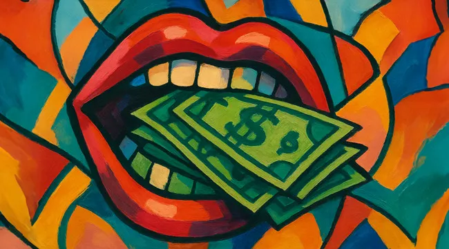 Abstract colorful painting of open mouth with cash in it, designed to guess the saying from an AI image concept.