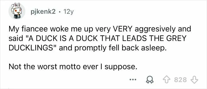Screenshot of a funny Reddit post where someone shares a humorous quote heard from a person talking in their sleep.