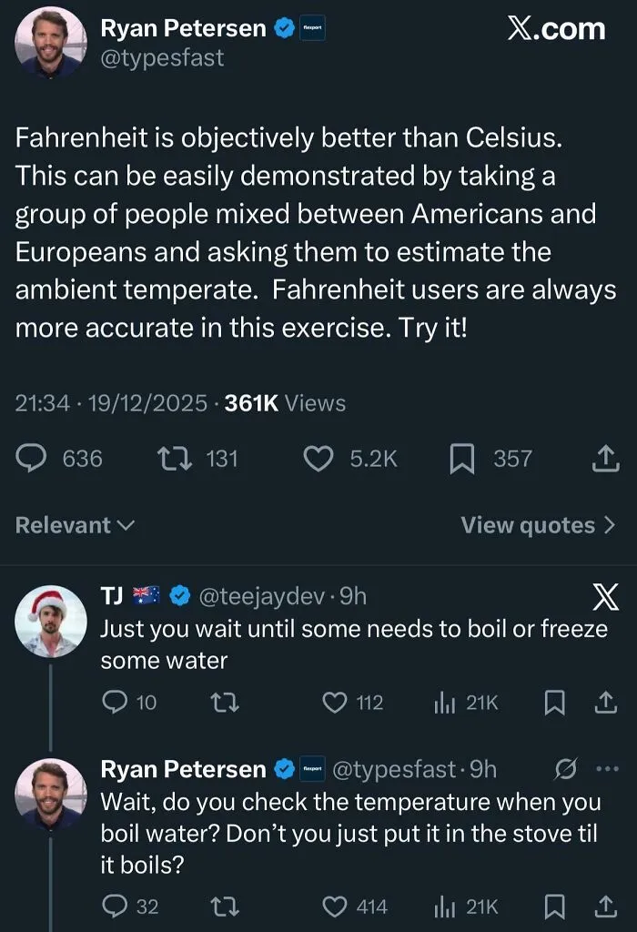 Twitter exchange about Fahrenheit vs Celsius accuracy, highlighting dumb comments Americans wrote that frustrated the internet.