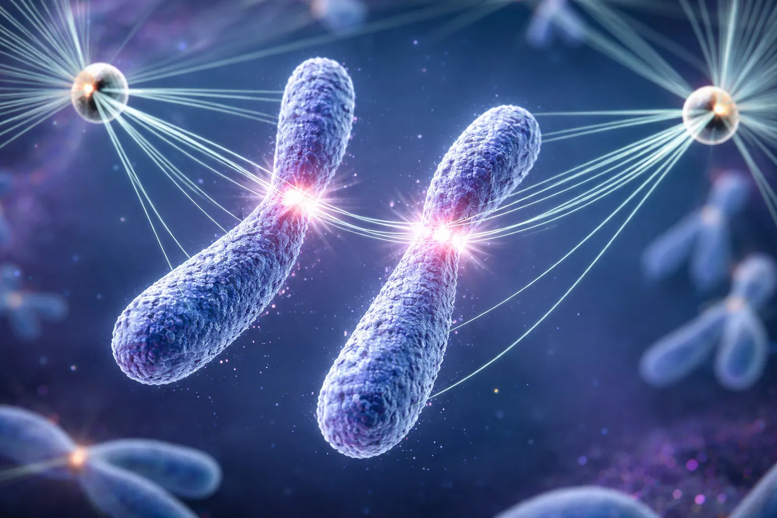 Chromosomes connecting to spindle fibers during cell division shown in detailed 3D illustration.