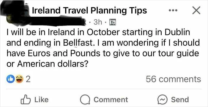Screenshot of a social media post showing a dumb comment by an American asking about currency for Ireland travel.