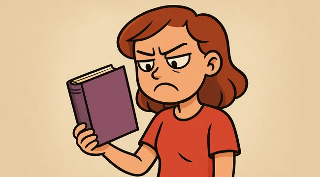 Angry woman holding a purple book, representing a literal interpretation in guess the saying from an AI image.