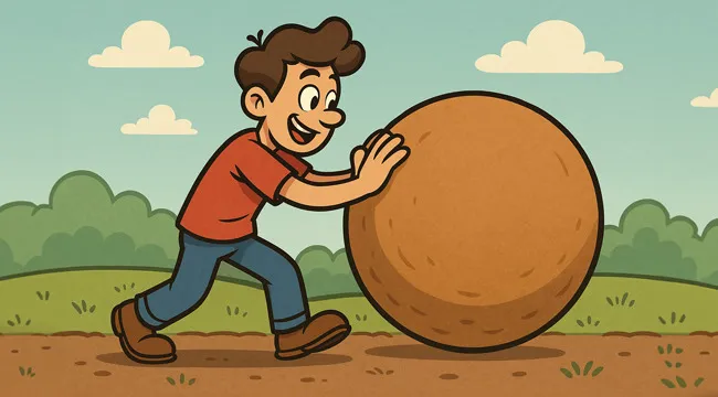Illustration of a large orange ball rolling quickly across a dusty landscape, representing guess the saying from an AI image.
