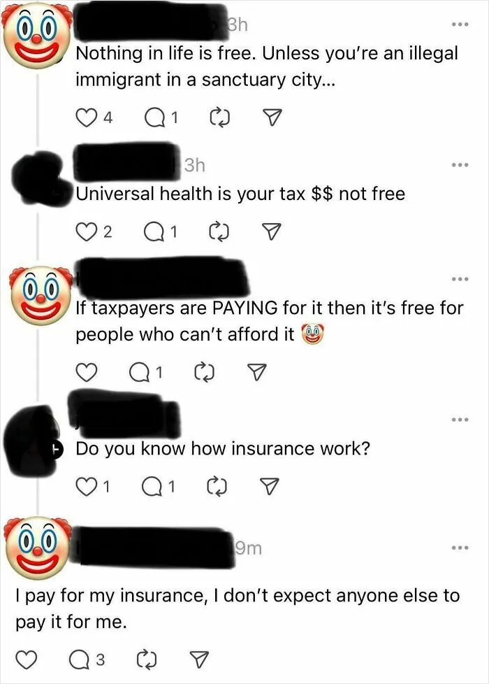 Social media comments showing dumb opinions about universal health and insurance from Americans online debate.