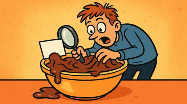 Man closely examining a bowl of melted chocolate labeled proof with a magnifying glass in an illustrated scene guess the saying.