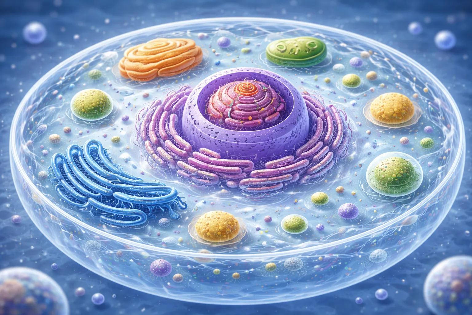 Detailed 3D illustration of a eukaryotic cell interior showing organelles and the ATP production process in the cytoplasm.
