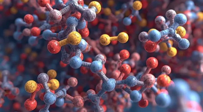 Close-up of molecular structure illustrating peptide bonds formed between amino acids during protein synthesis in science general knowledge.