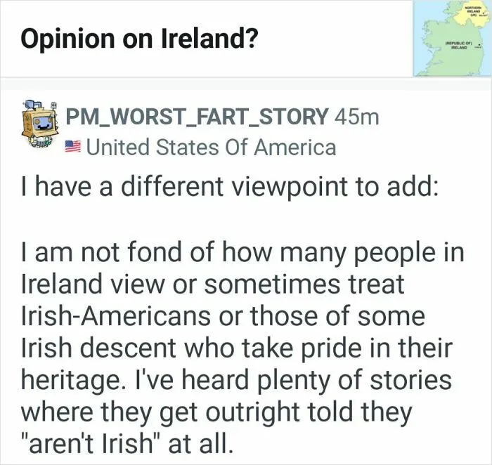 Screenshot of an online comment showing a dumb American opinion on Ireland and Irish-American heritage.