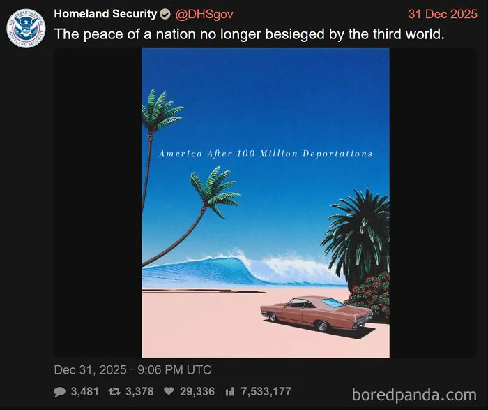 Tweet from Homeland Security showing an artistic beach scene with car and palm trees, highlighting U.S. warning images.