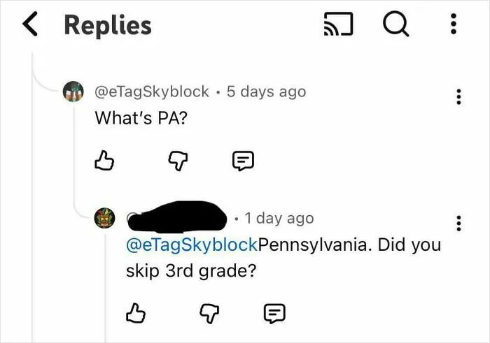 Screenshot of dumb comments on the internet showing misunderstanding of abbreviation PA with replies and reactions.