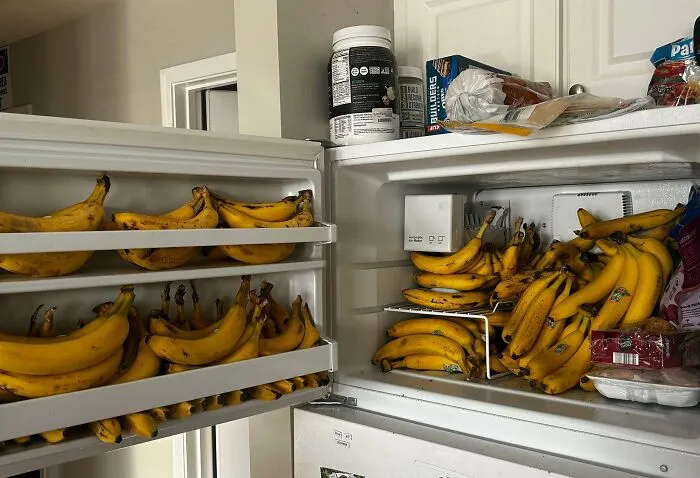 A fridge overflowing with bananas, an unusual and surprising sight found by people online.