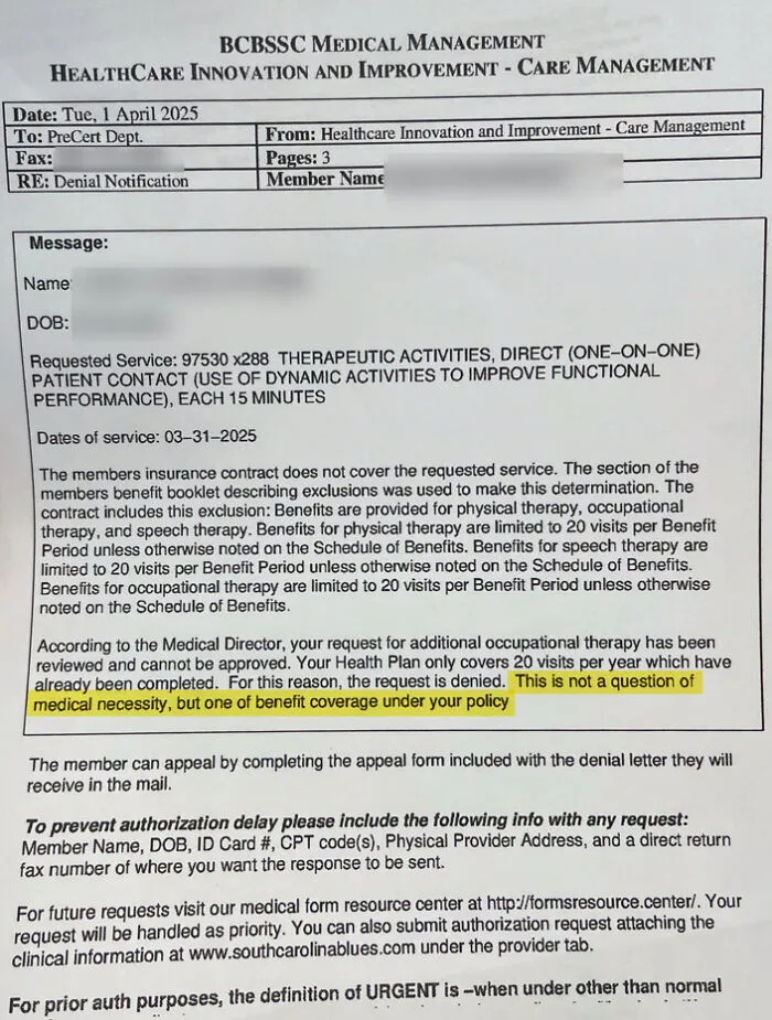Denial notification letter for therapeutic activities highlighting benefit coverage under U.S. healthcare policy, reflecting systemic issues.