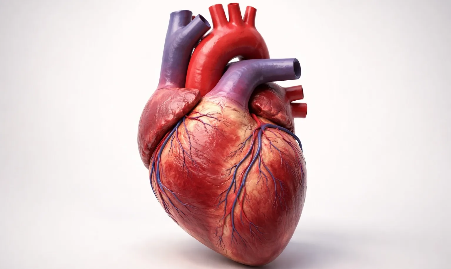 Realistic human heart model showing blood vessels that carry blood away from the heart artery anatomy close-up.