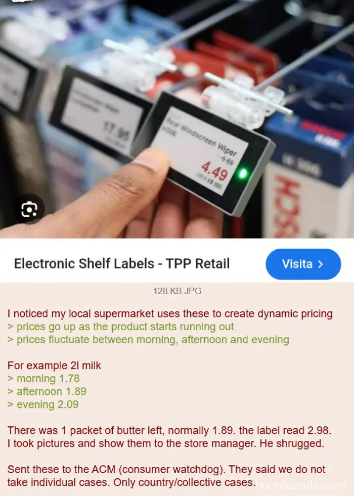 Hand holding electronic shelf label showing dynamic pricing in a U.S. retail store environment warning.