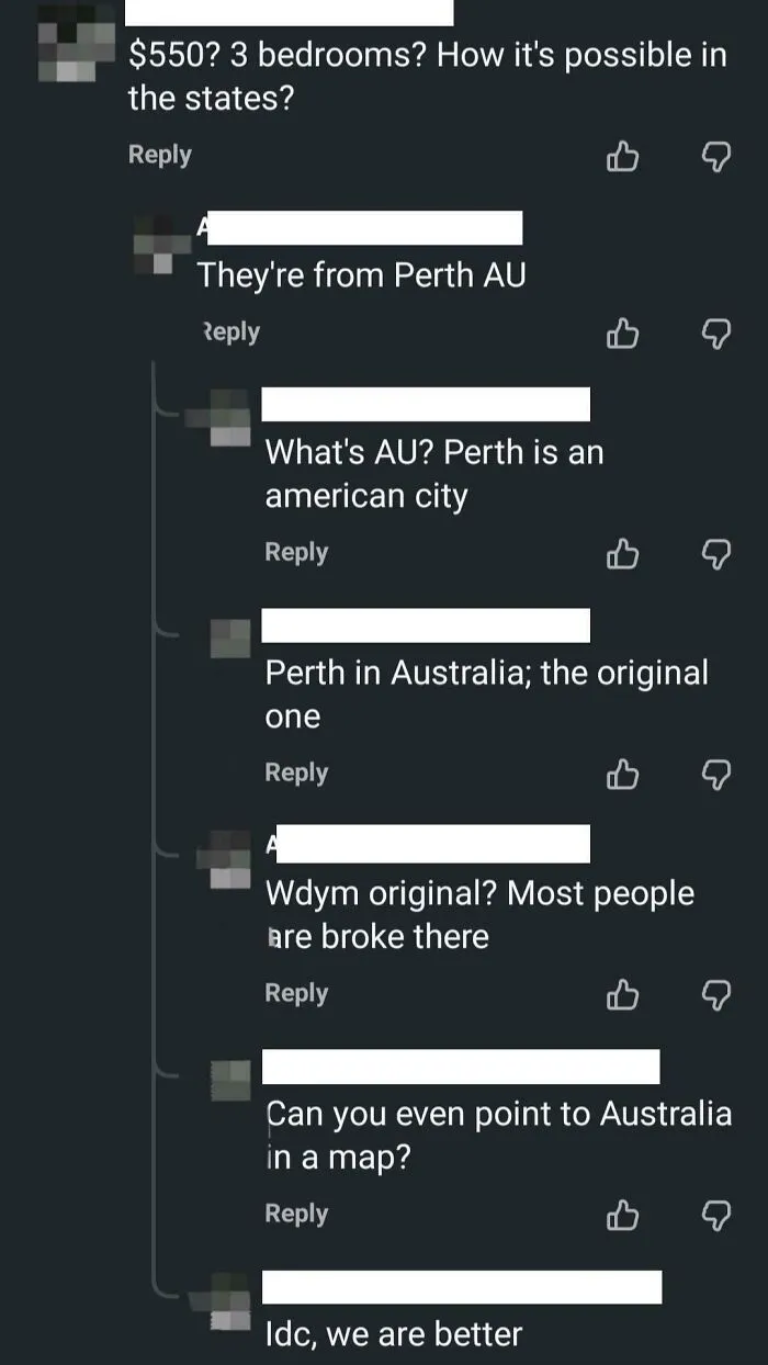 Online comments showing Americans making dumb remarks about geography and housing, illustrating dumb comments on the internet.