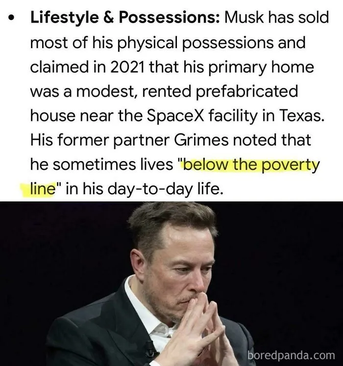 Elon Musk in a dark suit reflecting deeply on statements about living below the poverty line in the U.S.