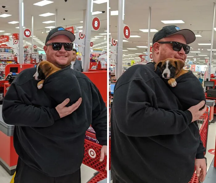 Este caballero en Target que le dio la vuelta a su sudadera con capucha para hacer un bolsillo para su perrito