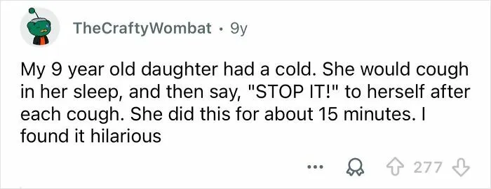 Alt text: A social media post sharing a funny sleep talking moment of a child coughing and saying stop it to herself.