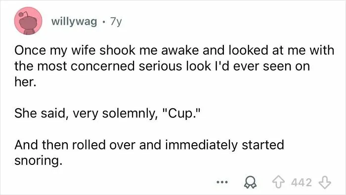 A Reddit post sharing one of the funniest things someone said in their sleep, involving a serious moment and snoring.
