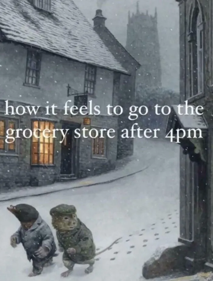Relatable hilarious meme showing two animals walking in snow, capturing how it feels after going to the grocery store post 4pm.