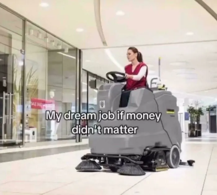Woman riding a floor cleaning machine in a mall, humorously expressing a dream job relatable meme about money and work.