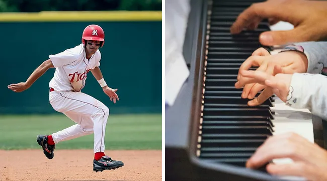 Baseball player in action on the field and hands playing piano keys showcasing versatile words common in baseball and music.
