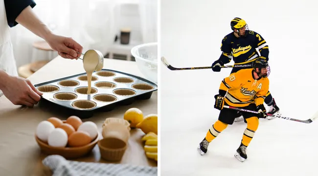 Person pouring batter into cupcake liners on left and two ice hockey players competing on right in sports gear.