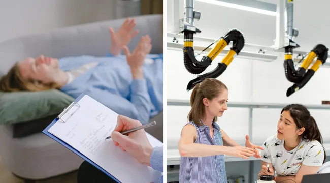 Therapist taking notes during a psychology session and two women discussing technical concepts in an engineering lab.