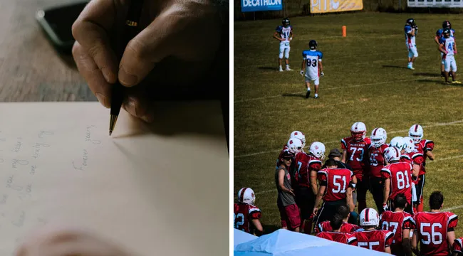 Close-up of hand writing on paper and a football team huddling on field, illustrating versatile words in writing and sports.