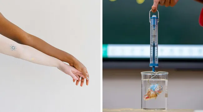 Two images showing a hand gesture and a physics experiment with a hydrometer in water for versatile words quiz.