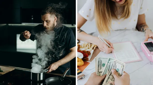 A man cooking with steam rising from a pot, and a person counting cash, illustrating cooking and finance terms.