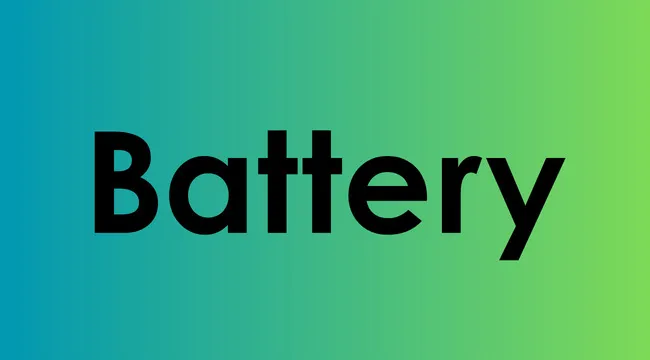 The word battery in electronics and law shown on a blue to green gradient background.