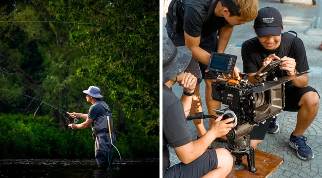 Person fishing in a river and a film crew adjusting a professional camera, illustrating versatile words quiz concept.