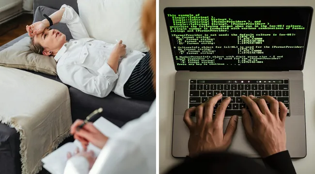 Split image showing a person lying on a couch during a psychology session and hands typing code on a laptop.