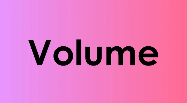 The word volume displayed in bold black font on a pink and purple gradient background for versatile words quiz.