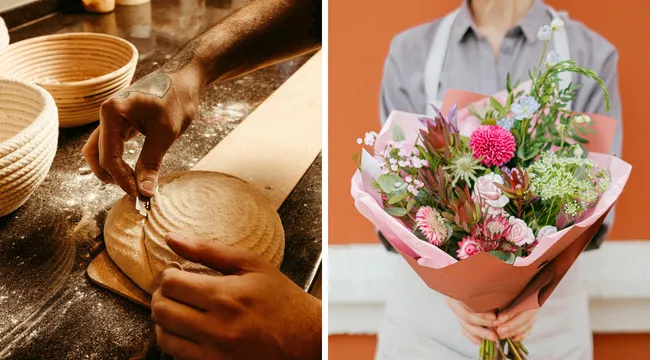 Hands shaping dough on a wooden board and person holding a bouquet of flowers showcasing versatile words quiz concept.