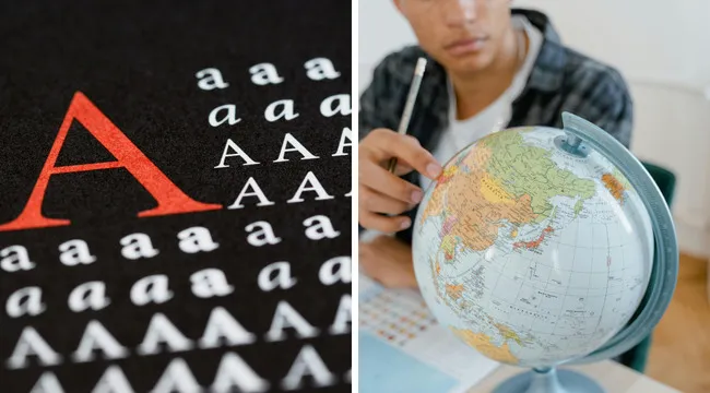 Close-up of typography letters on paper and a person pointing at a globe illustrating versatile words quiz concepts.